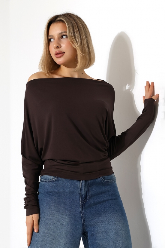 22153 KADIN OMUZ DÜŞÜMLU ASMTRK UZUN KOLU BEDENDE VE PARÇALI   BLUZ 